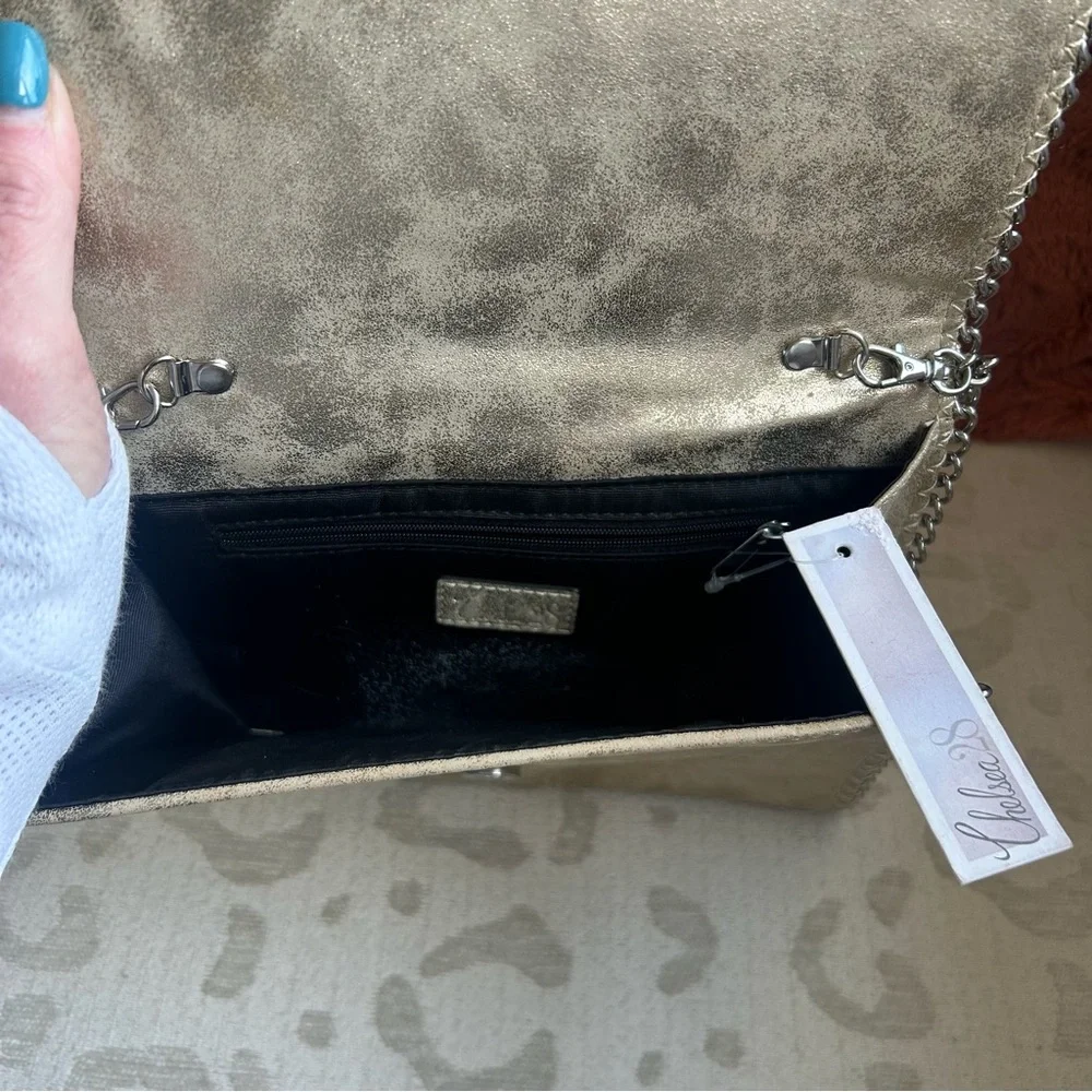 Champagne Metallic Clutch/Shoulder Bag NWT Silver Chain Strap